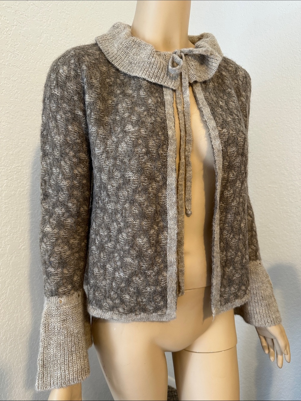 VAN-DOS Taupe Tie-Neck Cable Cardigan Sweater